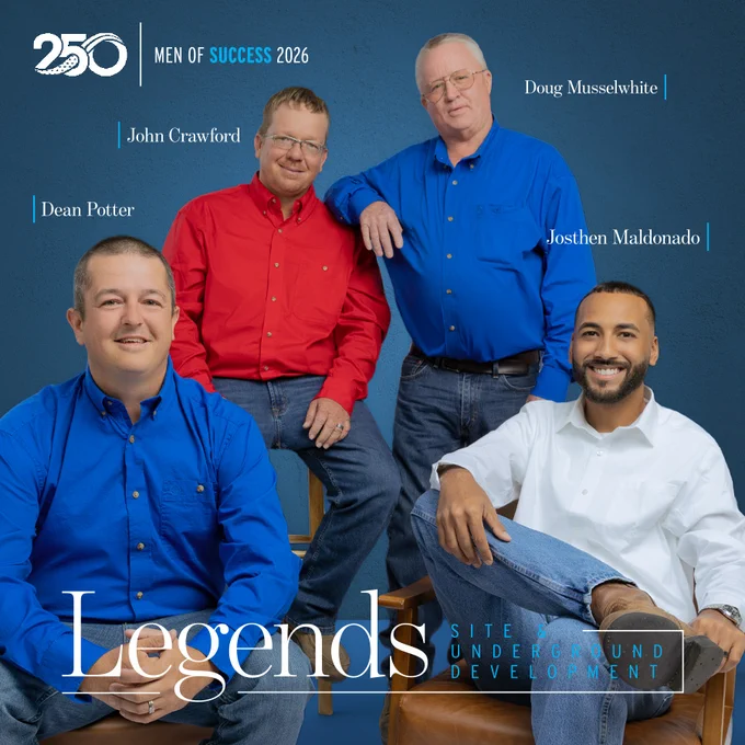 Four men dressed in blue and red shirts pose confidently for the Men of Success 2026 feature, symbolizing leadership in site underground development.