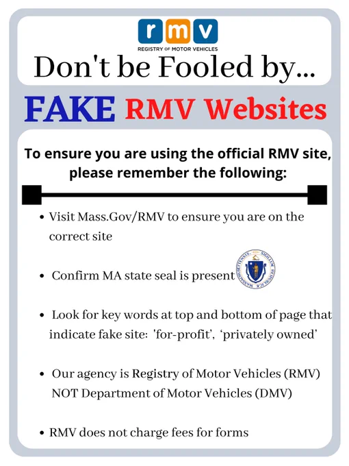 Warning about fake RMV websites with tips to verify the official site at Mass.Gov/RMV and check for the MA state seal.