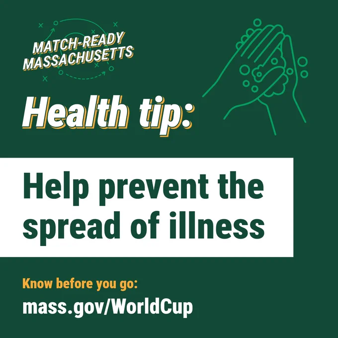 Graphic promoting health tips from Match-Ready Massachusetts to help prevent illness spread with handwashing illustration.
