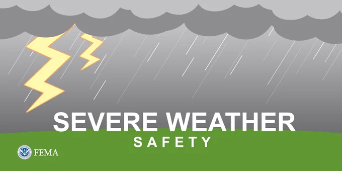 Dark storm clouds with lightning bolts and heavy rain illustrating severe weather safety.