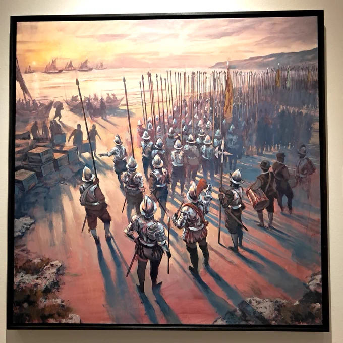 'Unos desembarcaban. Otros hacían lo contrario'.
Daniel Parra, acrílico sobre madera, 120x120 cm.
Escena de la llegada a Malta de los tercios españoles que acudían al socorro de la isla.