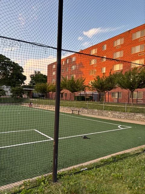 Empty outdoor field enclosed by netting with a red brick apartment building and trees in the background at sunset.