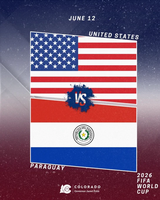 Graphic showing the United States and Paraguay flags facing off for a June 12 FIFA World Cup match in Colorado.