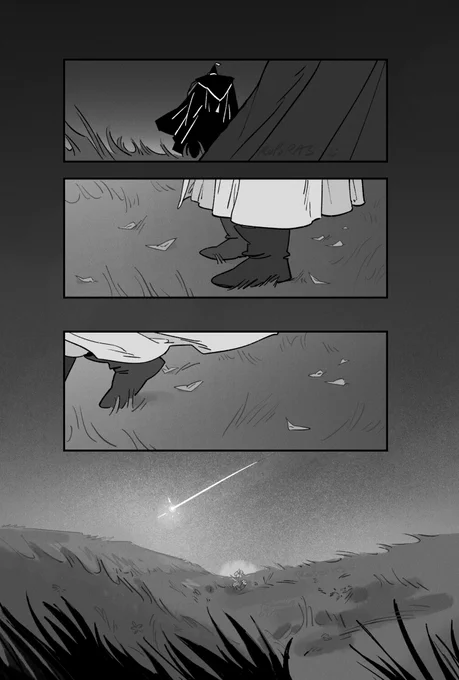 olruggio follows behind tetia and richeh, walking back to the atelier. the panel is angled towards qifrey's feet, his leaves laying against the grass around him. he stands still for a moment and then follows after. the comic finishes with a view of the grassy field behind them, a shooting star crosses the sky, and wood sorrels (of the witch hat atelier universe) can be seen grown at the center of the field. fin.