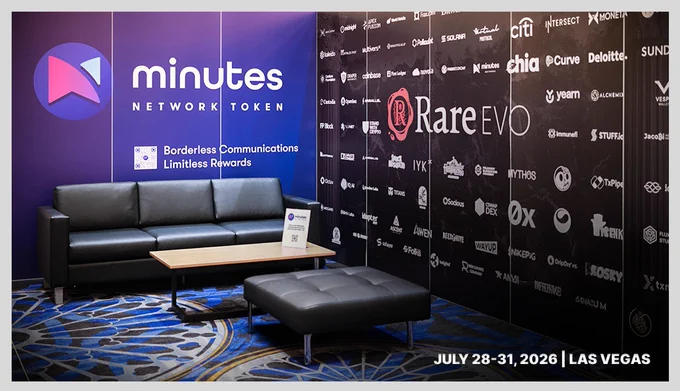 Minutes Network Token (MNTx) branded lounge and exhibition booth at Rare Evo 2026 in Las Vegas. The display features the Minutes Network Token logo, “Borderless Communications, Limitless Rewards” branding, and the Rare Evo partner wall. MNTx is returning to Rare Evo to showcase its telecom-powered blockchain ecosystem, DePIN infrastructure, international voice network, utility token economy, and revenue-backed rewards model. The team will share its vision for decentralized telecommunications, real-world blockchain adoption, carrier connectivity, digital infrastructure, and scalable telecom solutions serving global markets. Attendees can meet the team, explore the Minutes Network ecosystem, discuss partnerships, and learn how blockchain technology is transforming telecommunications through real utility and sustainable revenue. Rare Evo 2026 takes place July 28–31 at ARIA Resort & Casino, Las Vegas.