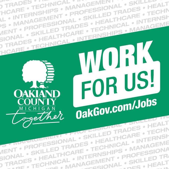 Oakland County Michigan logo with a call to action to work for the county and a website link OakGov.com/Jobs.