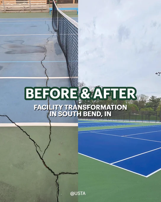 Photo of an outdoor tennis court in South Ben, IN before and after restoration.