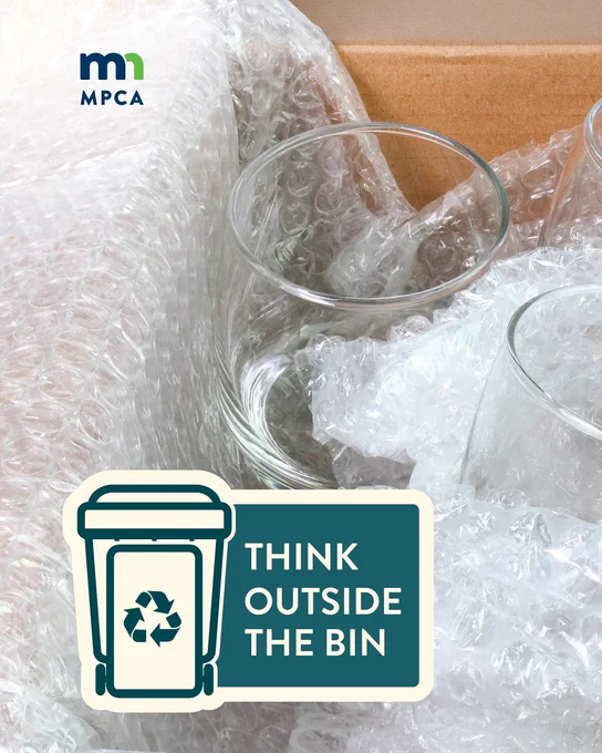 A glass wrapped in bubble wrap behind an icon of a recycling bin and text reading "think outside the bin."