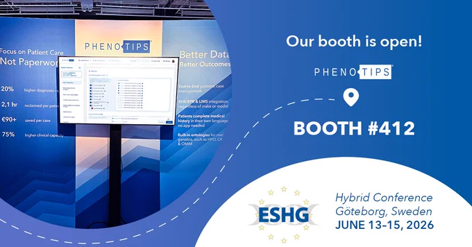 A graphic with a blue and purple gradient background and a circular image of PhenoTips' booth at ESHG 2026. Text to the right reads, "Our booth is open!" with the PhenoTips logo, below which is a white location marker above "Booth #412". In the bottom, right-hand corner is the ESHG logo with text reading "Hybrid Conference, Göteborg, Sweden, June 13-15 2026"