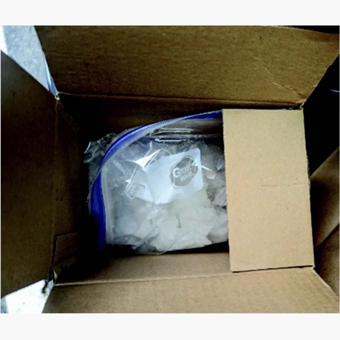 The drug evidence was packaged in oil filter boxes of varying sizes. Within the oil filter boxes, methamphetamine was packaged in a gallon-size plastic bag. Evidence from United States v. James Len Ramey, 3:24-cr-00024 in the U.S. District Court for the Middle District of Georgia.