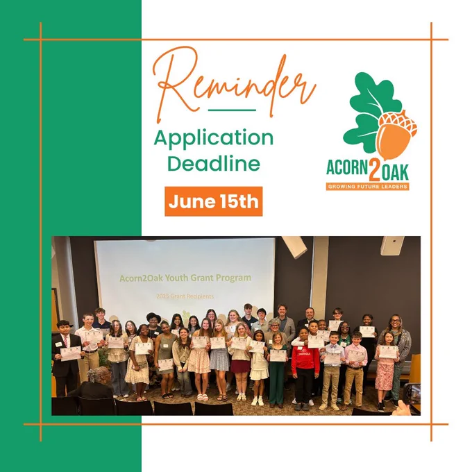 Group of diverse youth holding certificates at Acorn2Oak Youth Grant Program event with application deadline reminder for June 15.