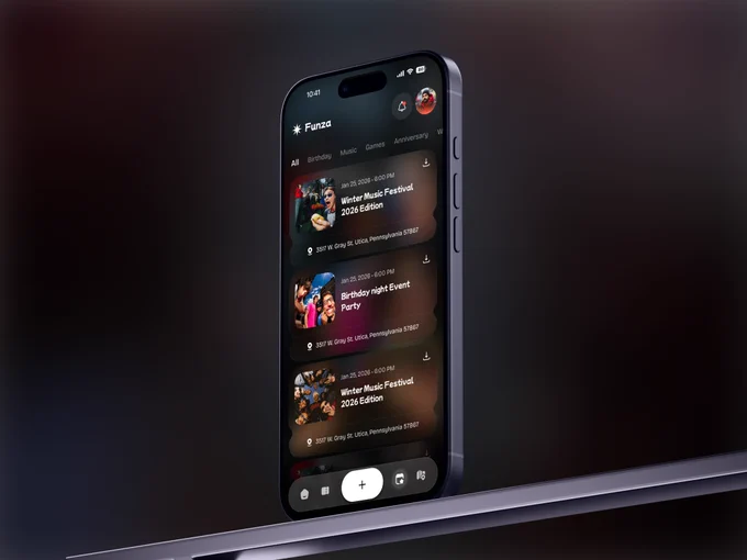 Dark themed event discovery mobile app featuring festival listings, social gatherings, birthday events, community experiences, and modern card-based interface design.