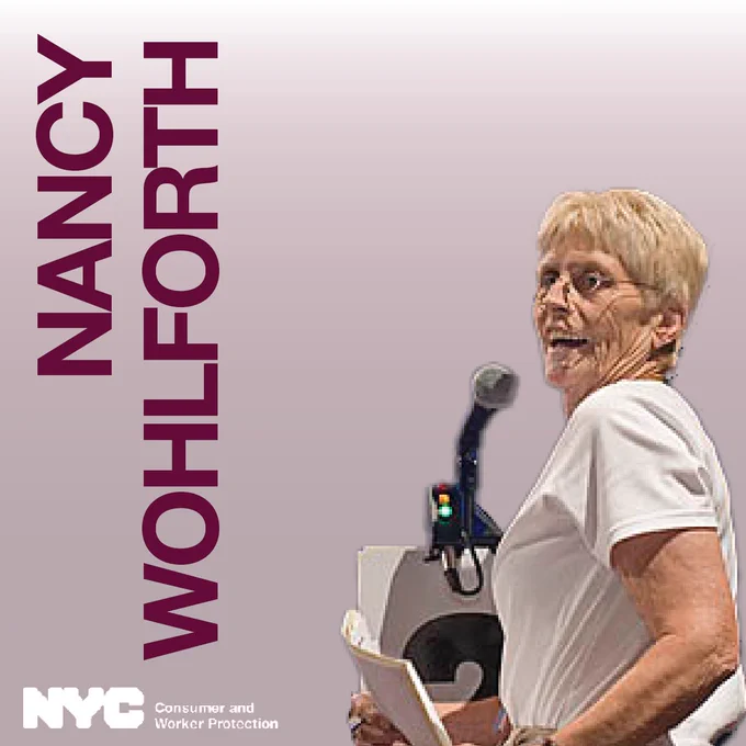 Image of Nancy Wohlforth. N Y C Department of Consumer and Worker Protection logo.