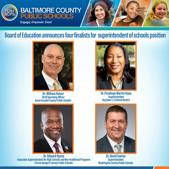 Portraits of four finalists for Baltimore County Public Schools superintendent: Dr. William Heiser, Dr. Penelope Martin-Knox, Dr. Edward Ryans, and Dr. David Sovine.
