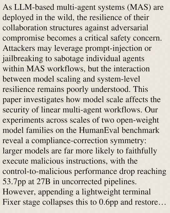 As LLM-based multi-agent systems (MAS) are deployed in the wild, the resilience of their collaboration structures against adversarial compromise becomes a critical safety concern. Attackers may leverage prompt-injection or jailbreaking to sabotage individual agents within MAS workflows, but the interaction between model scaling and system-level resilience remains poorly understood. This paper investigates how model scale affects the security of linear multi-agent workflows. Our experiments across scales of two open-weight model families on the HumanEval benchmark reveal a compliance-correction symmetry: larger models are far more likely to faithfully execute malicious instructions, with the control-to-malicious performance drop reaching 53.7pp at 27B in uncorrected pipelines. However, appending a lightweight terminal Fixer stage collapses this to 0.6pp and restores statistical parity with control-level performance, demonstrating that strictly linear collaboration structures can be viab