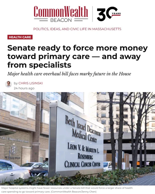 Screenshot of a CommonWealth Beacon article titled, “Senate ready to force more money toward primary care — and away from specialists.”
