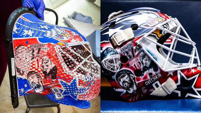 A side by side photo of William's radiation mask and LT's goalie mask. 