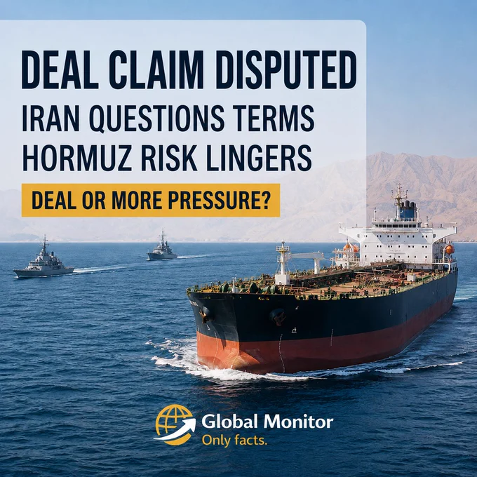 Tanker in the Strait of Hormuz with distant naval vessels as U.S.-Iran deal claims are disputed, and maritime risk remains unresolved.