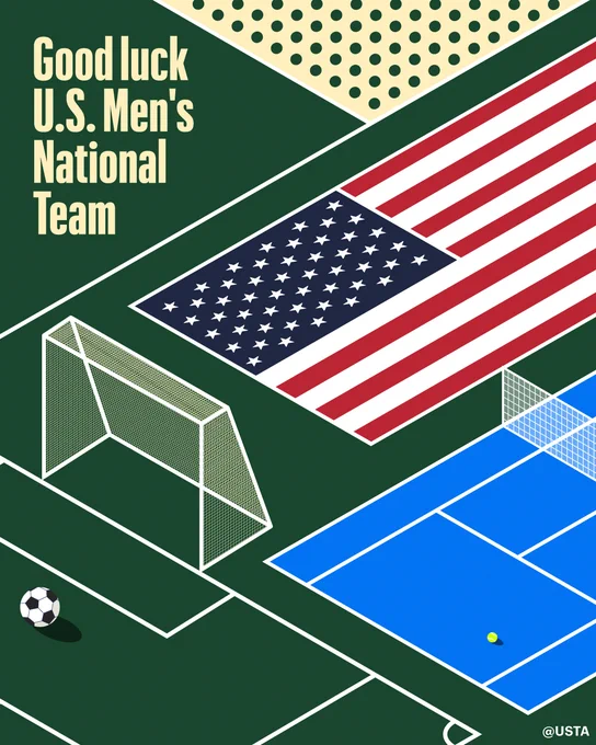 Illustration showing a soccer field and tennis court with text 'Good luck US Men's National Team'