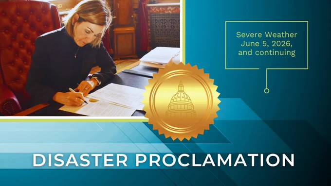 Gov. Reynolds signs proclamation at her desk. Severe Weather June 5, 2026, and continuing--Disaster Proclamation.