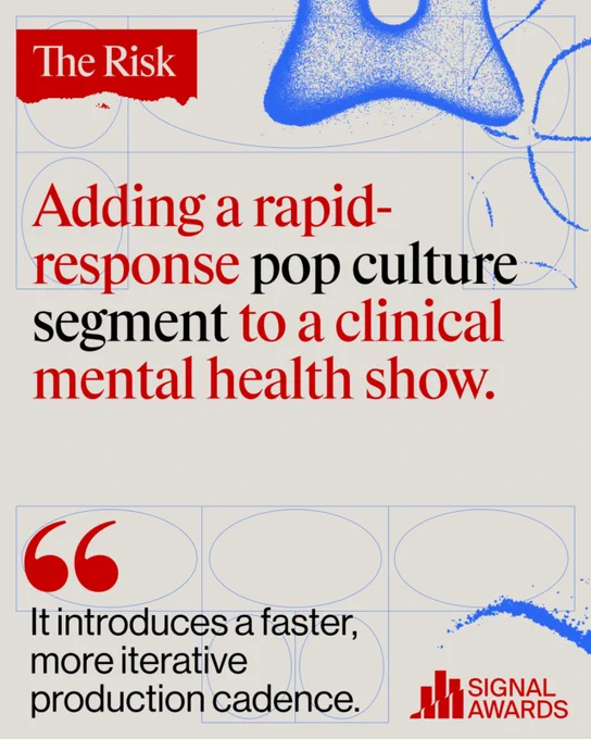 Image discussing the risk of integrating a rapid-response pop culture segment into a clinical mental health show. The design includes red and blue elements with text overlay.