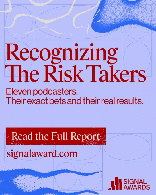 Promotional graphic for a report on eleven podcasters and their results. Features bold red text on a blue abstract background with a call to action.