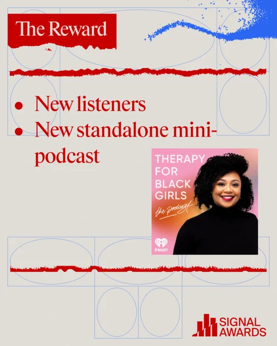 Promotional image for Therapy for Black Girls podcast, highlighting new listeners and mini-podcast. Signal Awards featured.