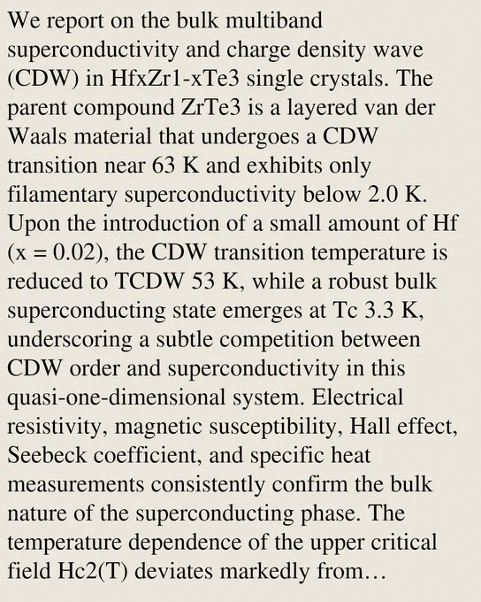 We report on the bulk multiband superconductivity and charge density wave (CDW) in HfxZr1-xTe3 single crystals. The parent compound ZrTe3 is a layered van der Waals material that undergoes a CDW transition near 63 K and exhibits only filamentary superconductivity below 2.0 K. Upon the introduction of a small amount of Hf (x = 0.02), the CDW transition temperature is reduced to TCDW 53 K, while a robust bulk superconducting state emerges at Tc 3.3 K, underscoring a subtle competition between CDW order and superconductivity in this quasi-one-dimensional system. Electrical resistivity, magnetic susceptibility, Hall effect, Seebeck coefficient, and specific heat measurements consistently confirm the bulk nature of the superconducting phase. The temperature dependence of the upper critical field Hc2(T) deviates markedly from single-band behavior, and it is well described by a two-band model, consistent with multiband superconductivity. Analysis of the Hall effect, and thermoelectric behavio