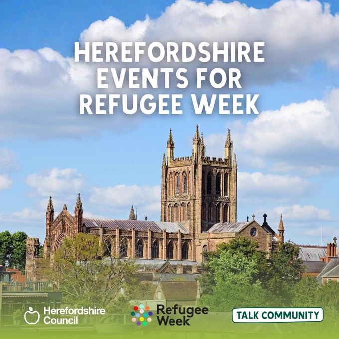 Herefordshire Events for Refugee Week poster featuring a cathedral.