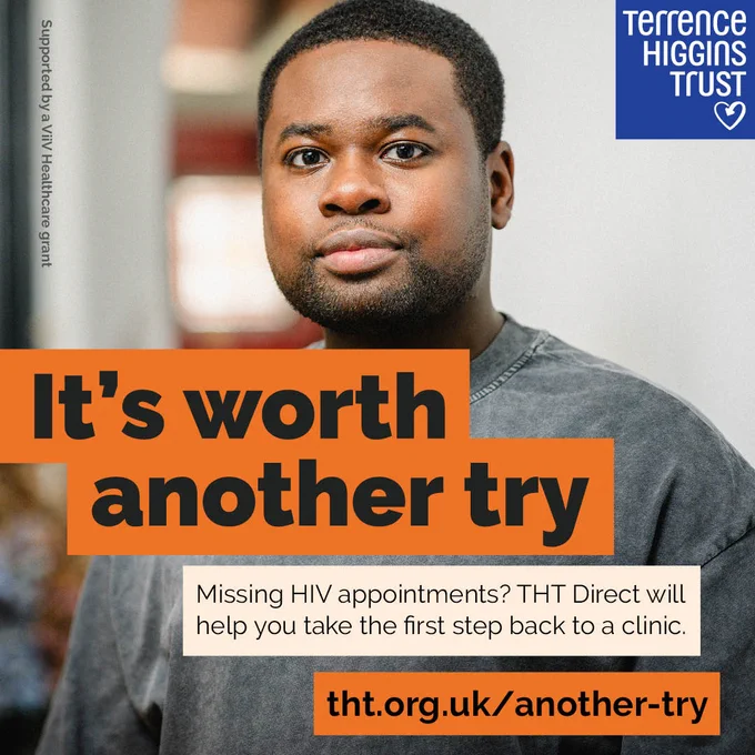 Person wearing a gray sweatshirt with a message encouraging those missing HIV appointments to try again with support from THT Direct.