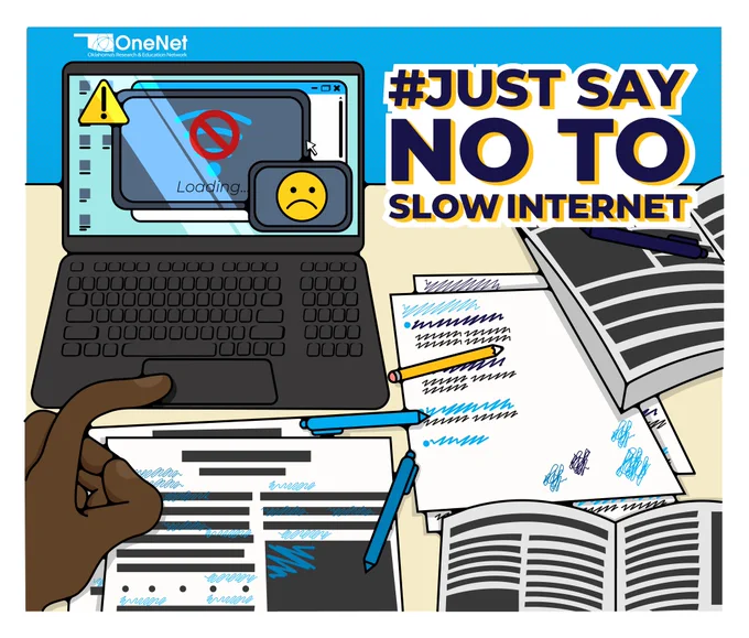OneNet logo, student typing on a laptop with slow loading Wi-Fi - Text reads "#JustSayNoToSlowInternet"