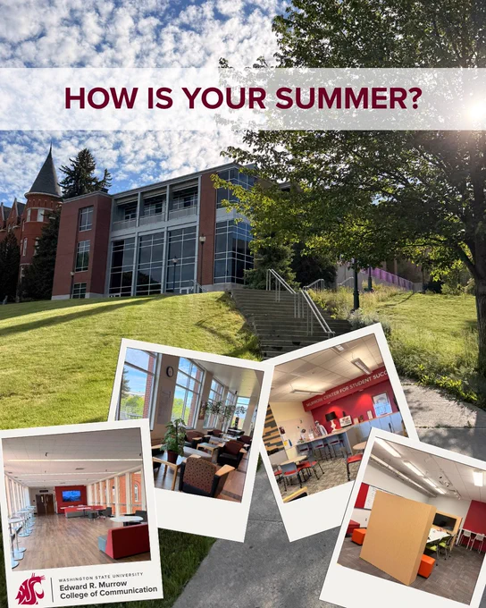 View of Washington State University's Edward R. Murrow College of Communication building on a sunny day with a collage of interior study and lounge spaces below.