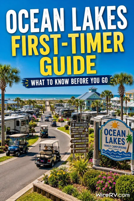 Large oceanfront RV campground with golf carts, palm trees, beach access, and campground amenities.
