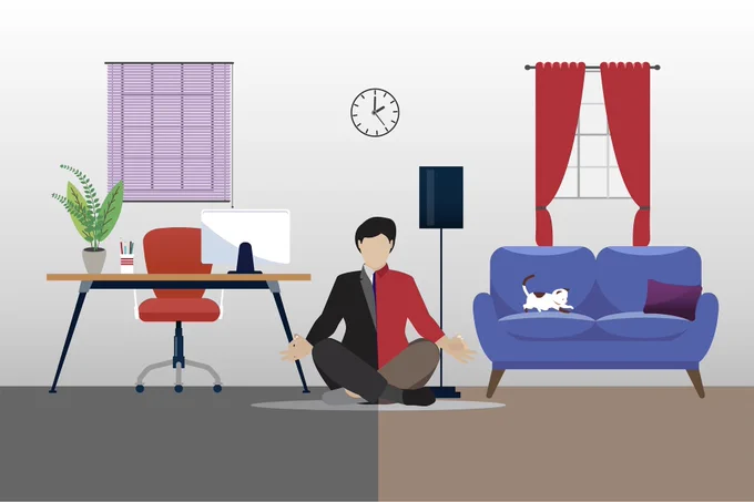 The image is an illustration of a person is sitting cross-legged on the floor in a room divided into two sections. One side features an office setup with a desk, computer, and plant. The other side has a cozy living area with a blue couch, red curtains, a window, and a cat lying on the couch. A clock is centered on the wall above.