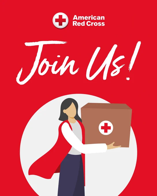 Illustration of a Red Cross volunteer holding a box with a Red Cross logo on it. The words "Join us!" appear above the illustration in white on a red background