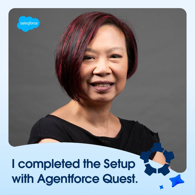 Lead Admin Evangelist Jennifer Lee smiling at the camera in front of a neutral background. The image includes the Salesforce logo and text that reads, "I completed the Setup with Agentforce Quest." Blue graphic elements are layered over the corners.
