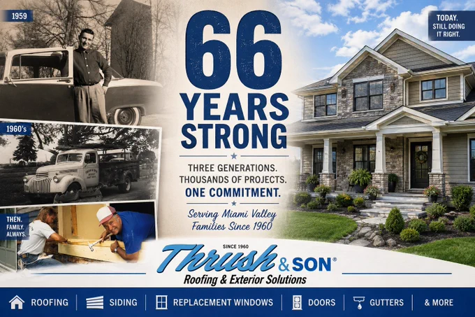 Vintage photos of the Thrush family and the company’s first truck transition into a modern exterior renovation, celebrating 66 years of trusted roofing, siding, replacement windows, doors, gutters, and home improvement services throughout the Miami Valley since 1960.