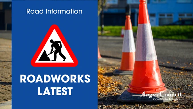 Roadworks warning sign and traffic cones, with Angus Council logo.