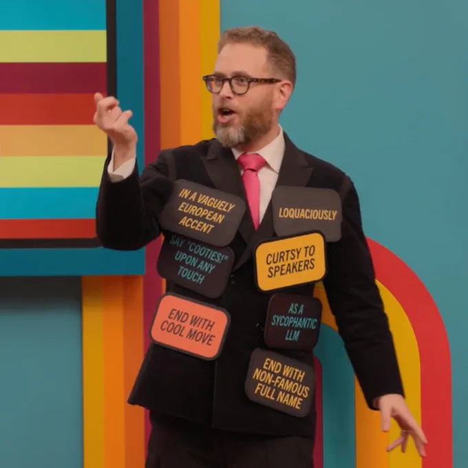 A man in a suit gestures expressively, wearing cards with humorous instructions on his outfit, set against a colorful backdrop.