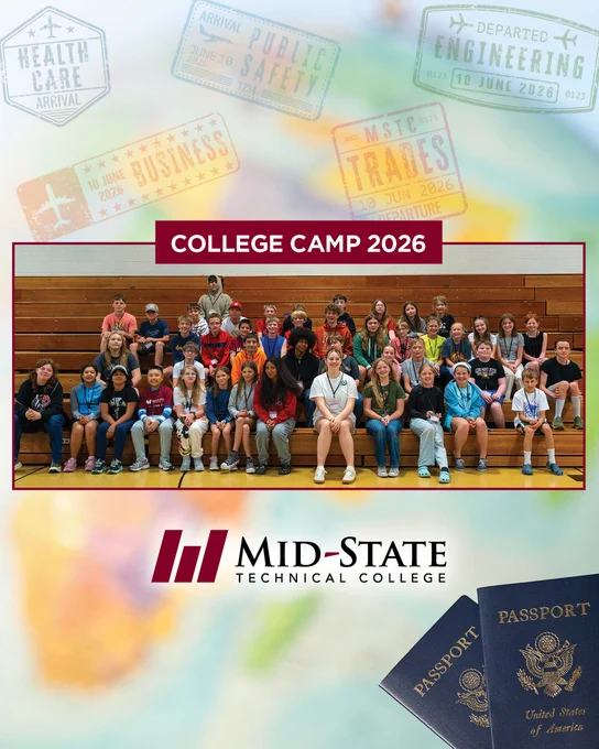 College Camp 2026 graphic with group photo, Mid-State logo, passport stamps, and passport image.