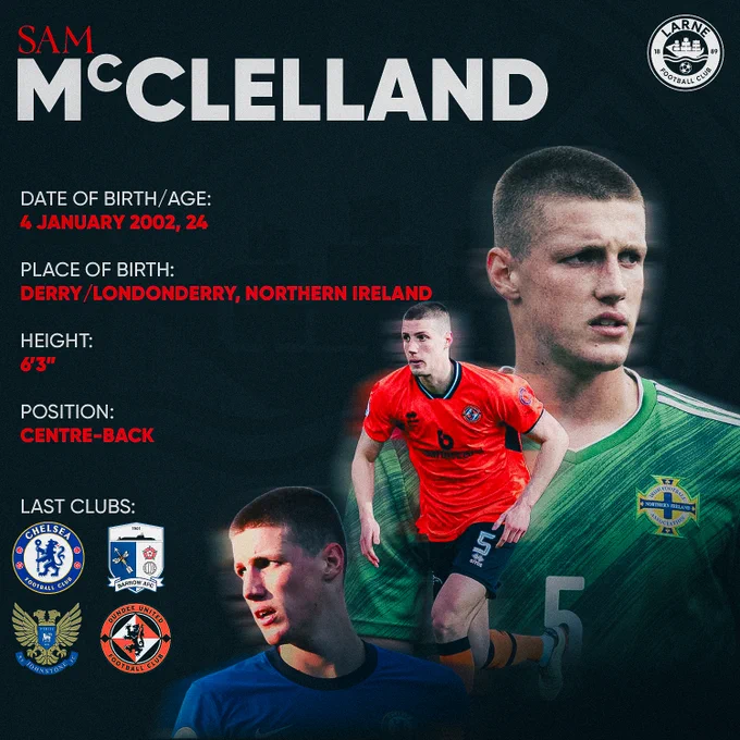 A football club graphic featuring Sam McClelland, highlighting his birth details, height, position, and past clubs. The mood is professional and informative.