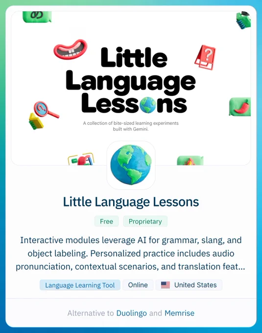Colorful graphic featuring icons related to language learning, highlighting "Little Language Lessons" as a free educational tool.