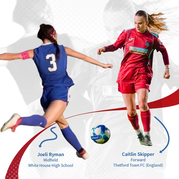 Action images of “Joeli Ryman - Midfield - White House High School” and “Cailtin Skipper - Forward - Thetford Town FC (England)”. 