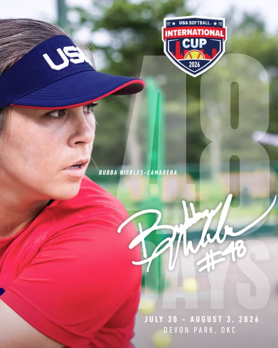 A softball player in a red uniform prepares for the USA Softball International Cup. Bold text emphasizes the event details and countdown.