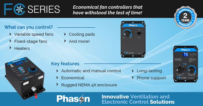 Phason FC Series ventilation control unit with rugged NEMA 4X enclosure, designed for barn environments to manage variable-speed and fixed-stage fans and heaters with dependable performance.