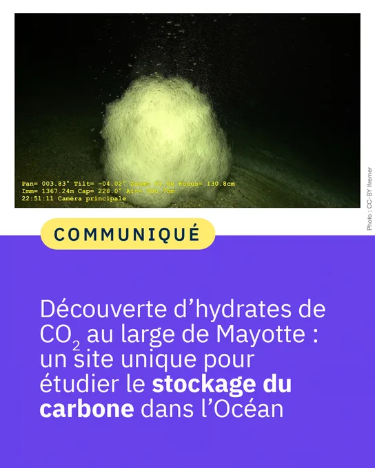 Communiqué "Découverte d’hydrates de CO2 au large de Mayotte : un site unique pour étudier le stockage du carbone dans l’Océan" illustré par des hydrates de CO₂ laissant s’échapper des gouttes de CO₂ liquide, filmés en 2021 à 1367m de fond par le ROV Victor 6000 dans la zone du Fer à Cheval lors de la campagne Geoflamme à bord du Pourquoi Pas ? 
Crédit : CC-BY Ifremer 