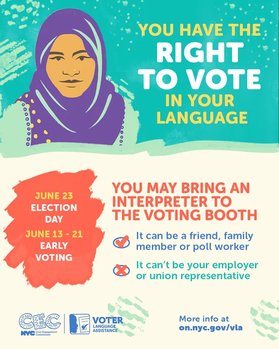Image shows a woman with wording about your right to vote in your language on primary day, June 23