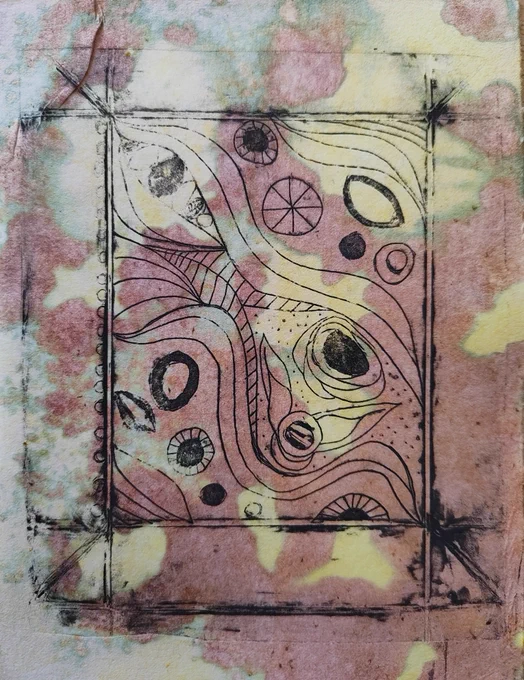Abstract intaglio print on hand-dyed paper. Black line drawing of curving stems and organic forms: eye-shaped pods with solid black centres, small wheels, dotted membranes, leaf-like shapes. All flowing in an S-curve across the plate. A column of small circles runs down the left margin. Faint cross marks  anchor the corners. The paper is stained yellow and rose-pink from turmeric and lemon juice, in blotch marks. Made by scoring a Tetra Pak carton with an awl.