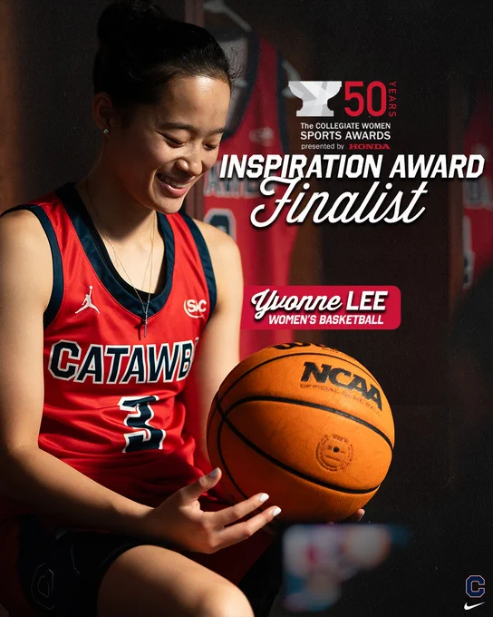 Graphic depicting Yvonne Lee's selection as a finalist for the 2026 Honda Inspiration Award. Pictured is Yvonne Lee holding a basketball in the locker room.