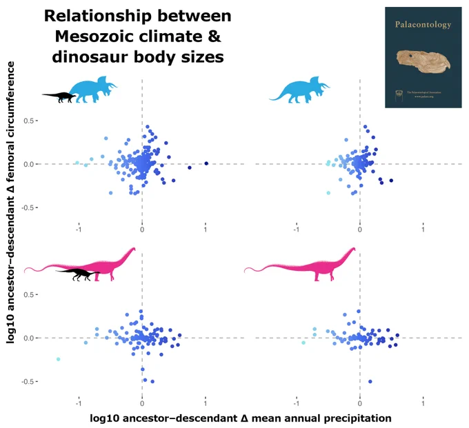 Four plots showing estimated change in femoral circumference between ancestor and descendant dinosaurs (vertical axis) as a function of change in mean annual precipitation (horizontal axis). Clockwise from top left: all ornithischians; ornithischians following the Cenomanian/Turonian Boundary; sauropodomorphs following the Jenkyns Event; all sauropodomorphs.
Dinosaur silhouettes from PhyloPic: Scelidosaurus (Gareth Monger, CC BY 3.0); Triceratops (Jagged Fang Designs, CC0 1.0); Plateosaurus (Mike Taylor, CC0 1.0); Diplodocus (Jagged Fang Designs, CC0 1.0).
Dark blue rectangle in top right corner is a cover image from the journal Palaeontology.